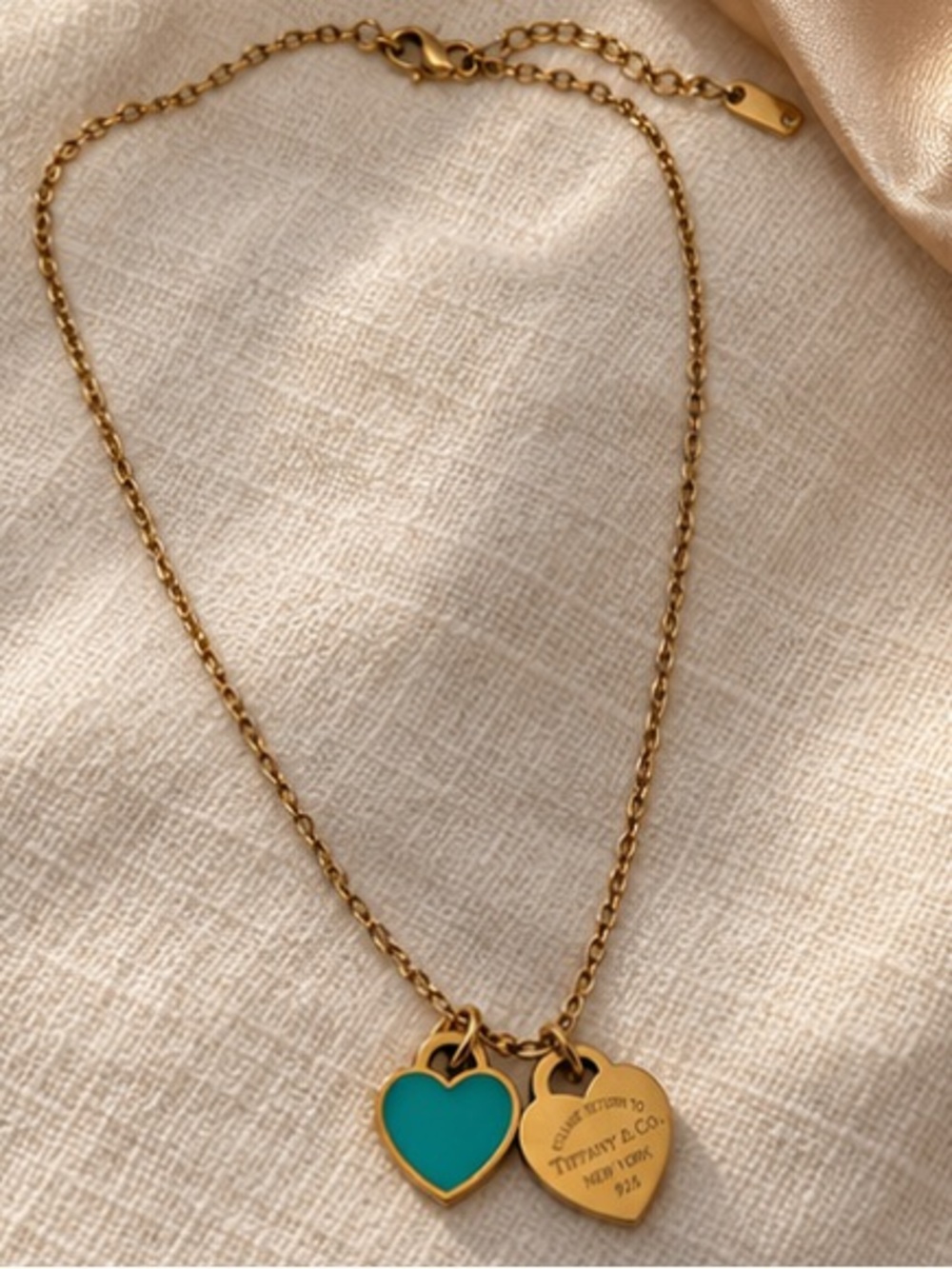 Designer Inspired Gold Tone Teal Enamel Double Heart Charm Necklace Waterproof